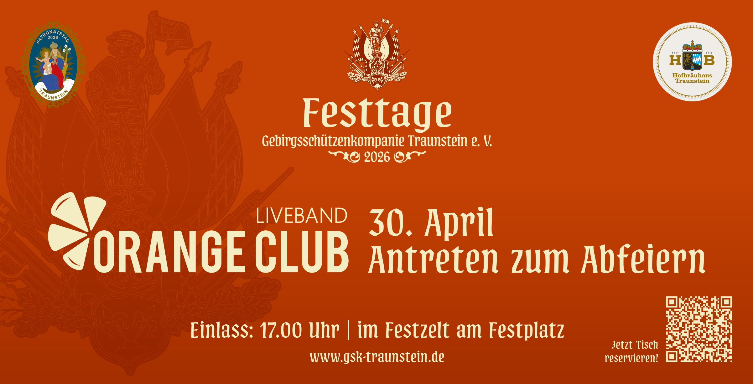 30. April 2026<br><br>"Antreten zum Abfeiern"<br>Die Zeltparty mit Orange Club<br><br>